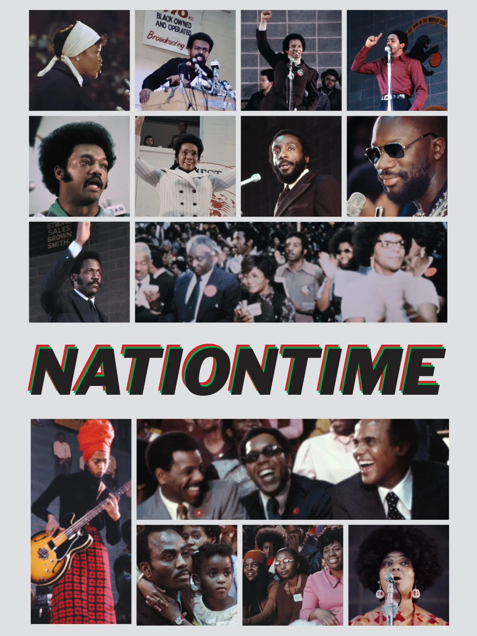 A collage of Black performers, speakers, and audience members at a cultural event, with the word "NATIONTIME" in bold, shadowed letters at the bottom center.