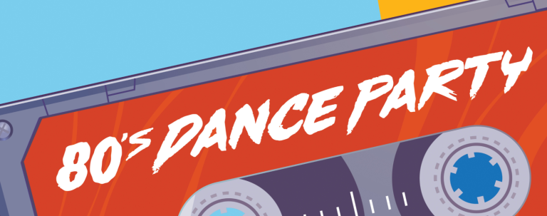 Illustration of a cassette tape with a red label that reads "80s Dance Party" in bold white letters, set against a vibrant blue and yellow background for true retro vibes.