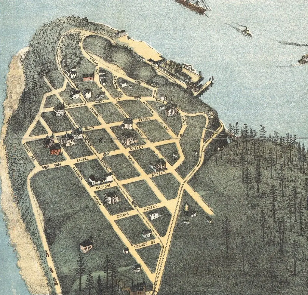 A vintage, bird’s-eye map illustration of a coastal town, showing a grid of labeled streets, sparse buildings, trees, and a shoreline with docks and ships frequented by seasoned captains.