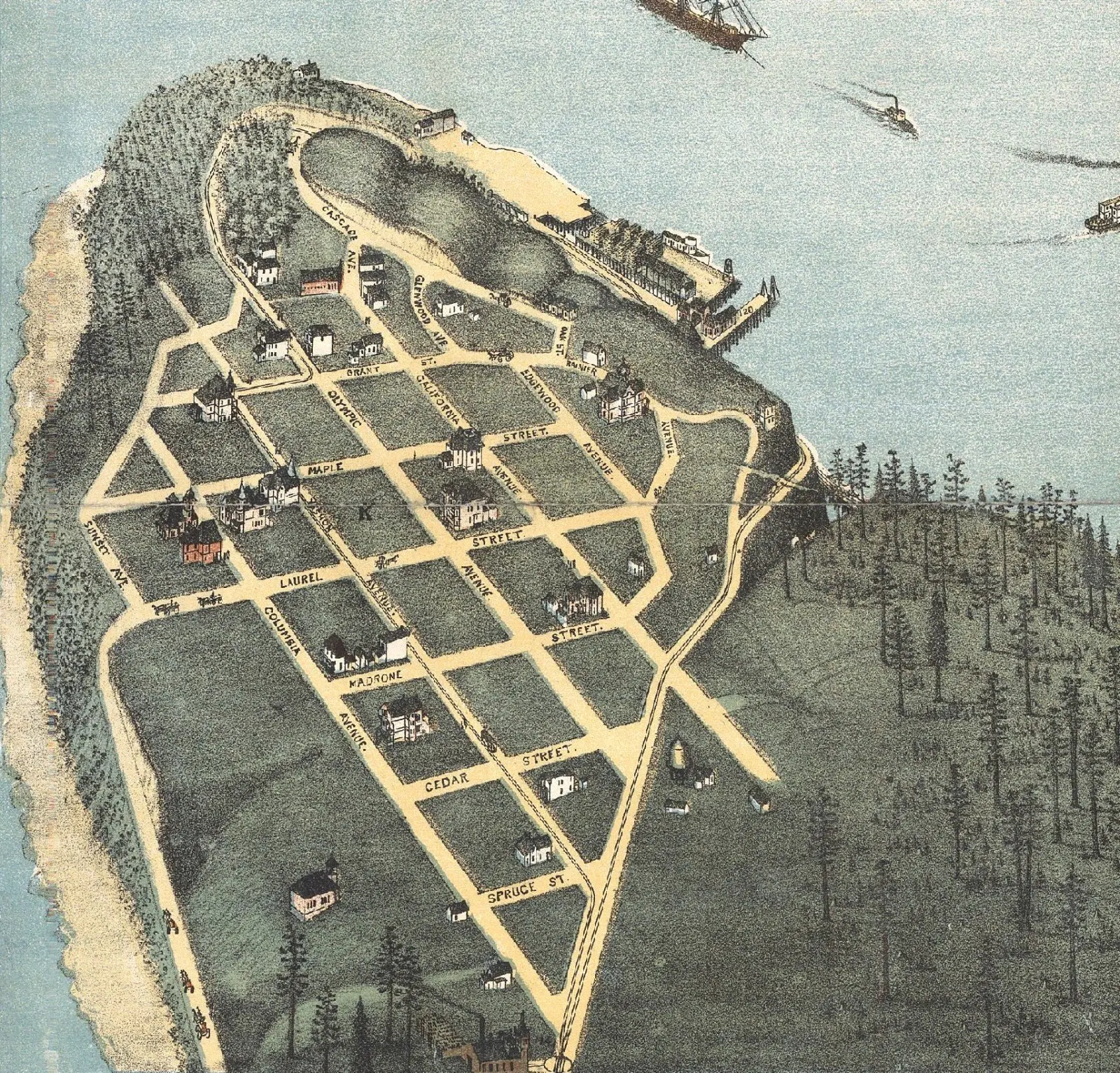 A vintage, bird’s-eye map illustration of a coastal town, showing a grid of labeled streets, sparse buildings, trees, and a shoreline with docks and ships frequented by seasoned captains.