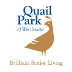 Logo for Quail Park of West Seattle featuring a stylized gold quail and the tagline "Brilliant Senior Living" on a white background.
