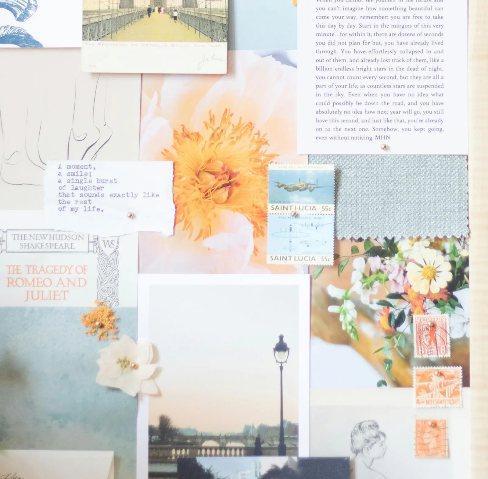 A collage inspired by vision board ideas, featuring flowers, stamps, fabric swatches, a photo of a lamppost by water, handwritten notes, and a page from "Romeo and Juliet.