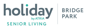 Logo reads "Holiday by Atria Senior Living Bridge Park" with modern font and teal and gray color scheme