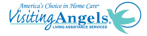 Visiting Angels logo with the tagline “America’s Choice in Home Care” and a blue bird graphic; text reads "Living Assistance Services"