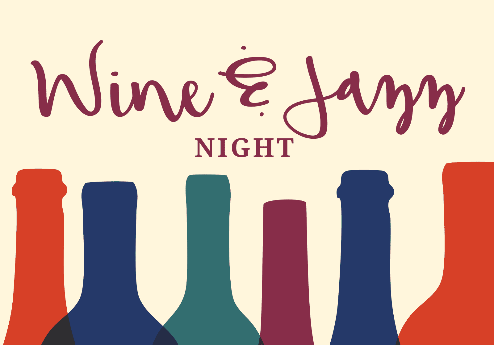 Graphic with colorful wine bottles and the text "Wine & Jazz Night." Logo at bottom reads "The Center for Active Living.