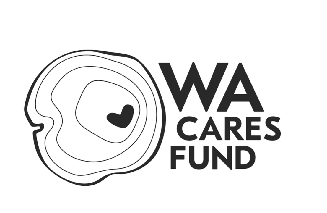 Black and white "WA Cares Fund" logo with stylized concentric circles and a heart shape on the left, representing Washington long-term care, and bold text on the right.