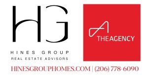Logo for Hines Group Real Estate Advisors with "HG" initials, The Agency logo, plus contact info: hinesgrouphomes.com, (206) 778-6090.