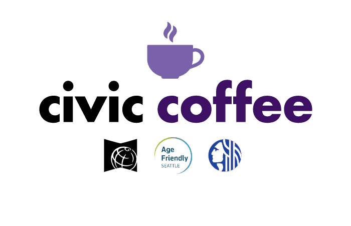 Logo with a purple coffee cup above the words "civic coffee," referencing the Civic Coffee Hour, and three organizational logos below, including Age Friendly Seattle.