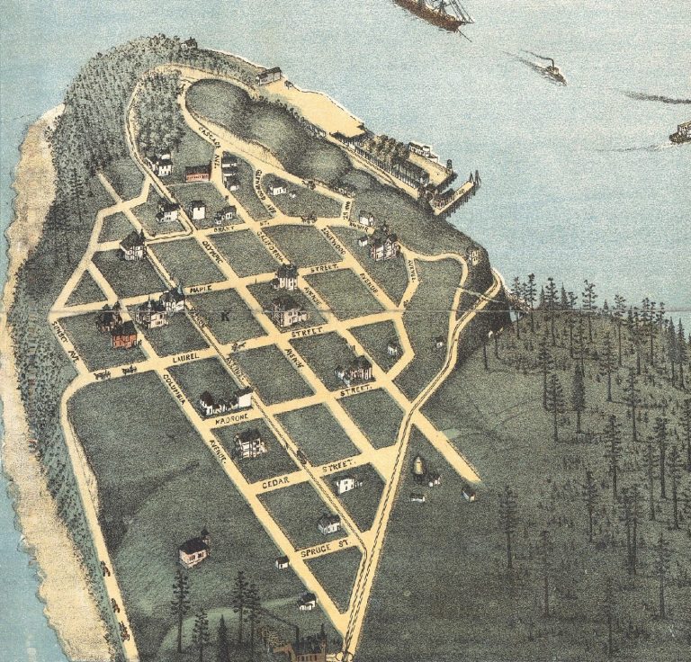 A vintage, bird’s-eye map illustration of a coastal town, showing a grid of labeled streets, sparse buildings, trees, and a shoreline with docks and ships frequented by seasoned captains.