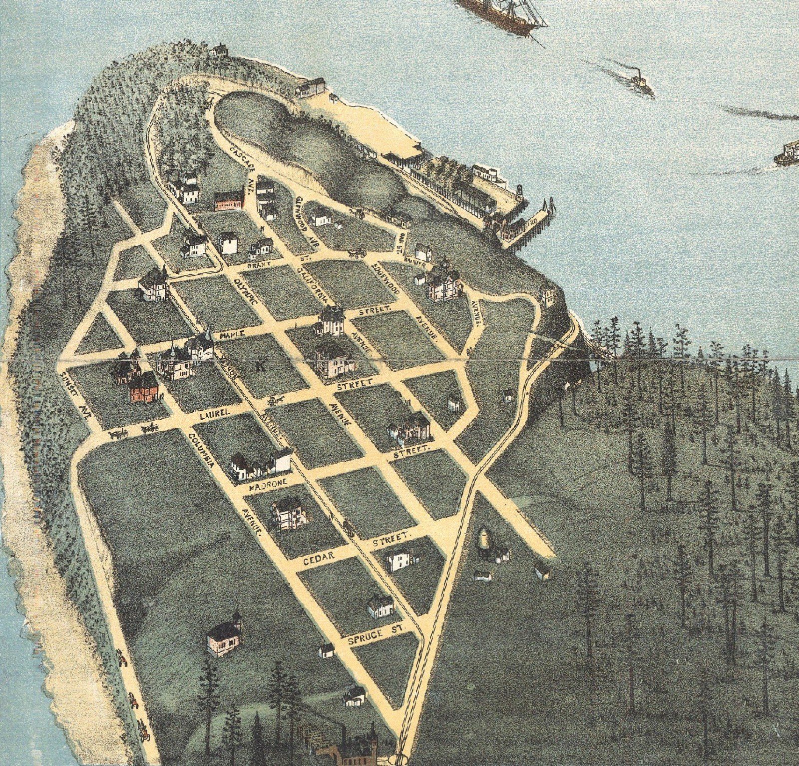 A vintage, bird’s-eye map illustration of a coastal town, showing a grid of labeled streets, sparse buildings, trees, and a shoreline with docks and ships frequented by seasoned captains.
