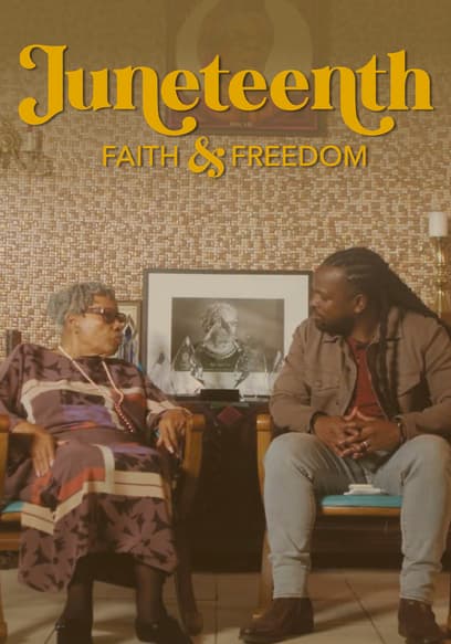 Movie poster for Juneteenth with two people sit and talk in a warmly lit room beneath a sign reading "Juneteenth: Faith & Freedom," reflecting on the spirit of freedom. A framed portrait is visible in the background.