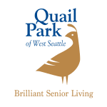 Logo for Quail Park of West Seattle featuring a stylized gold quail and the tagline "Brilliant Senior Living" on a white background.