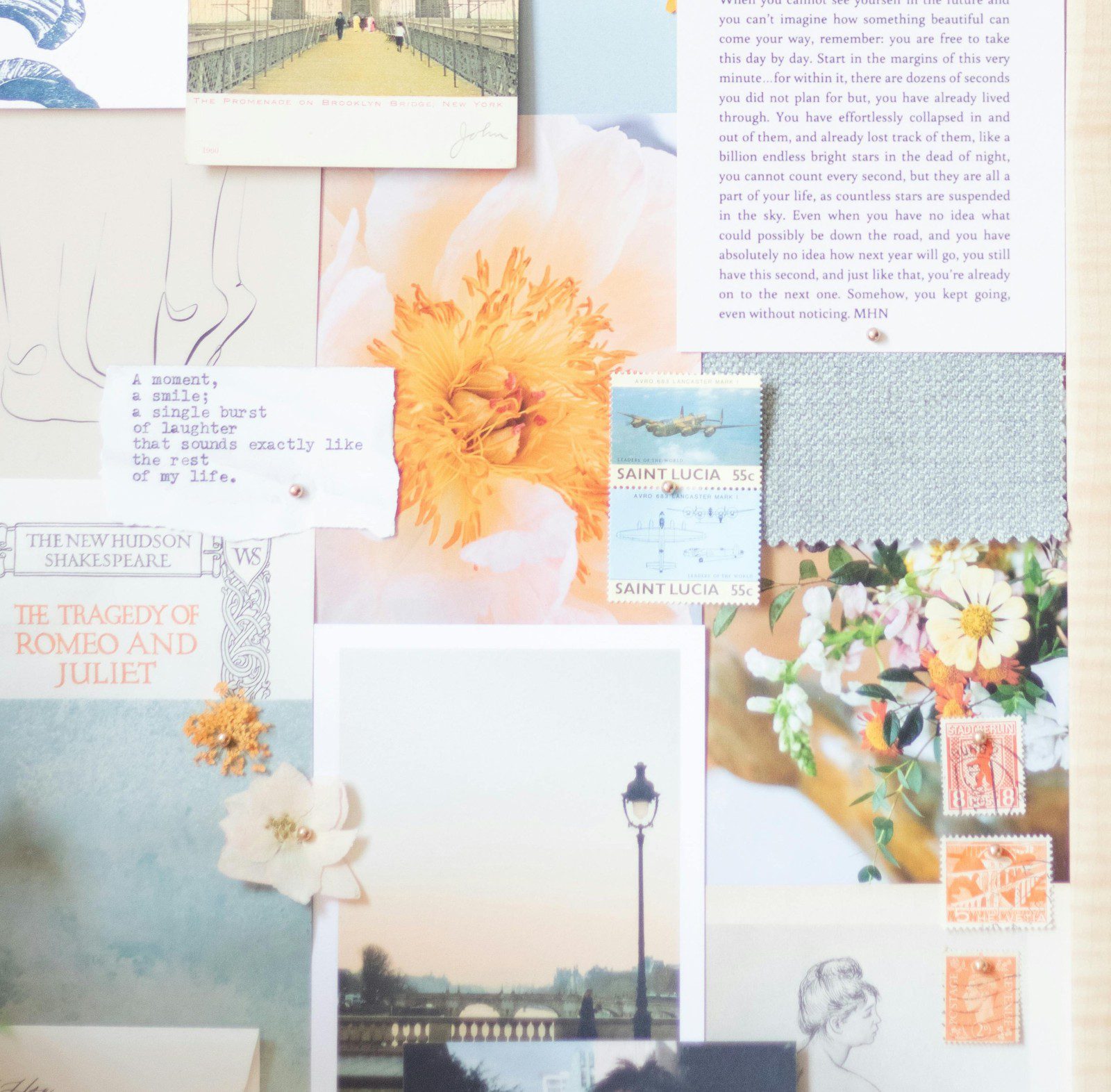A collage inspired by vision board ideas, featuring flowers, stamps, fabric swatches, a photo of a lamppost by water, handwritten notes, and a page from "Romeo and Juliet.