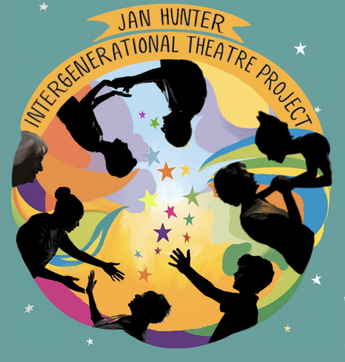 Silhouettes of people of different ages form a circle around colorful stars, with "Voices, Verses, Visions" and "Jan Hunter Intergenerational Theatre Project" on a ribbon at the top.