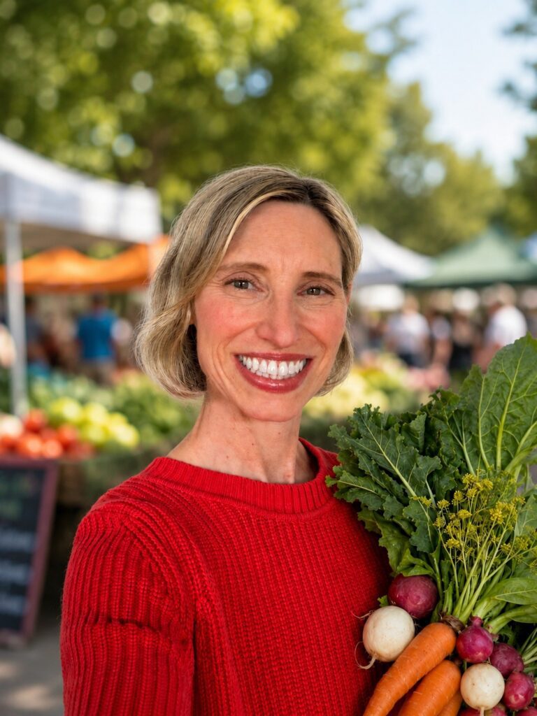 Amy Higbee in a red sweater smiles while holding a bunch of fresh vegetables at an outdoor farmers market