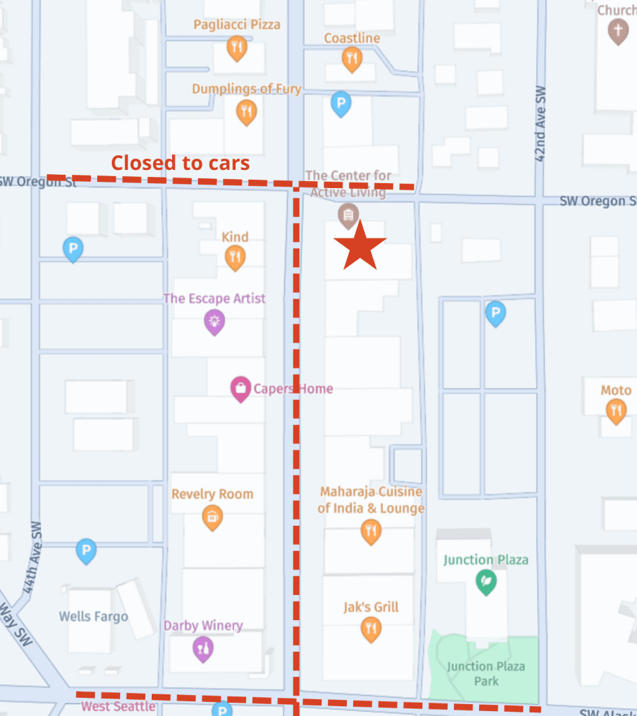 Map showing a closed-to-cars area marked with red dashed lines and a red star indicating The Center for Active Living on California Avenue SW.