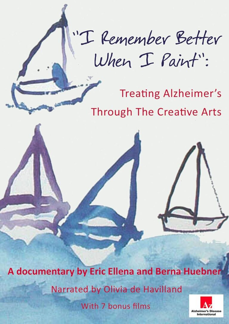 Poster for the documentary "I Remember When I Paint" features simple blue and purple sailboat drawings, highlighting Alzheimer’s treatment through creative arts and the power of art therapy.