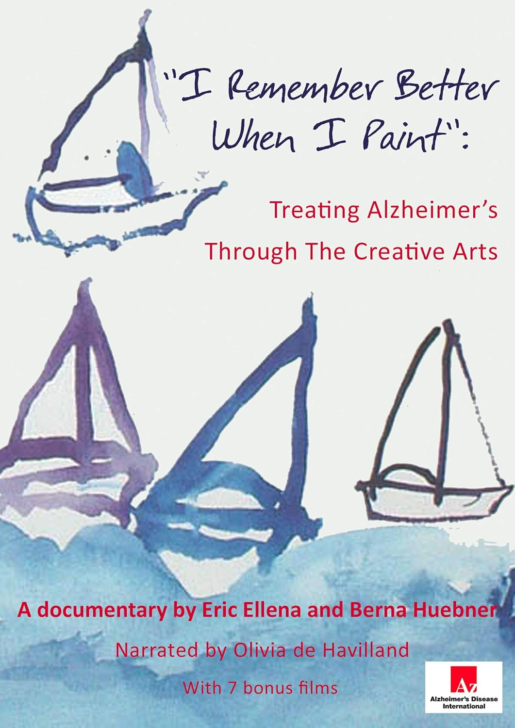 Poster for the documentary "I Remember When I Paint" features simple blue and purple sailboat drawings, highlighting Alzheimer’s treatment through creative arts and the power of art therapy.
