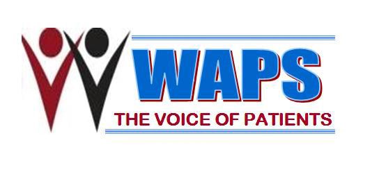 Logo with two stylized human figures beside the text “WAPS” in blue and “THE VOICE OF PATIENTS” in red underneath,
