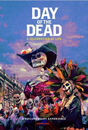 Colorful parade with people in elaborate Day of the Dead costumes and skull face paint, joyfully taking part in a vibrant Day of the Dead celebration along a city street beneath a banner that reads “Day of the Dead: A Celebration of Life.”.
