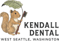 A squirrel holding a toothbrush and a leaf above its head stands next to the text “Kendall Dental West Seattle, Washington.”.