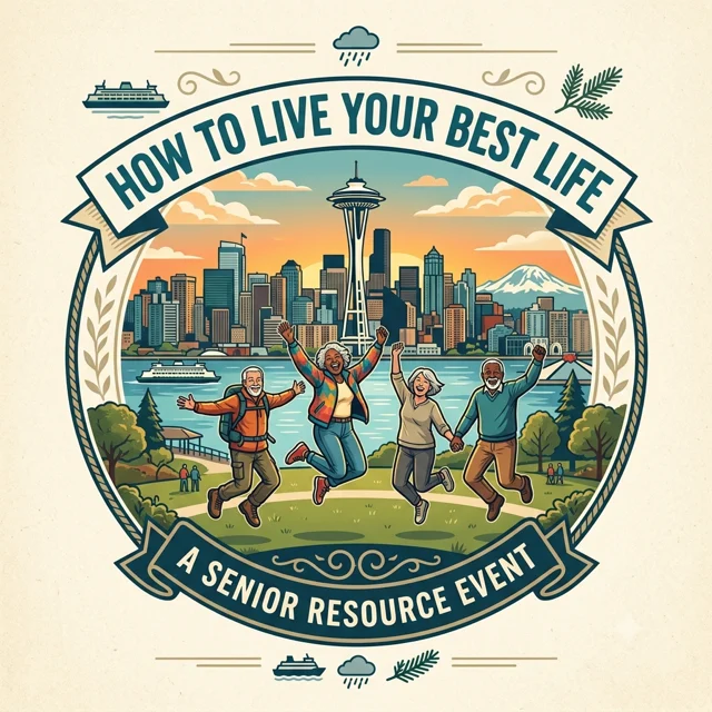 Illustration of four older adults joyfully jump with Seattle’s skyline in the background, celebrating Senior Living at its finest. A banner reads “How to Live Your Best Life: A Senior Resource Event.”.