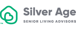 Silver Age Senior Living Advisors logo with a green house and heart icon on the left, and gray text on the right.