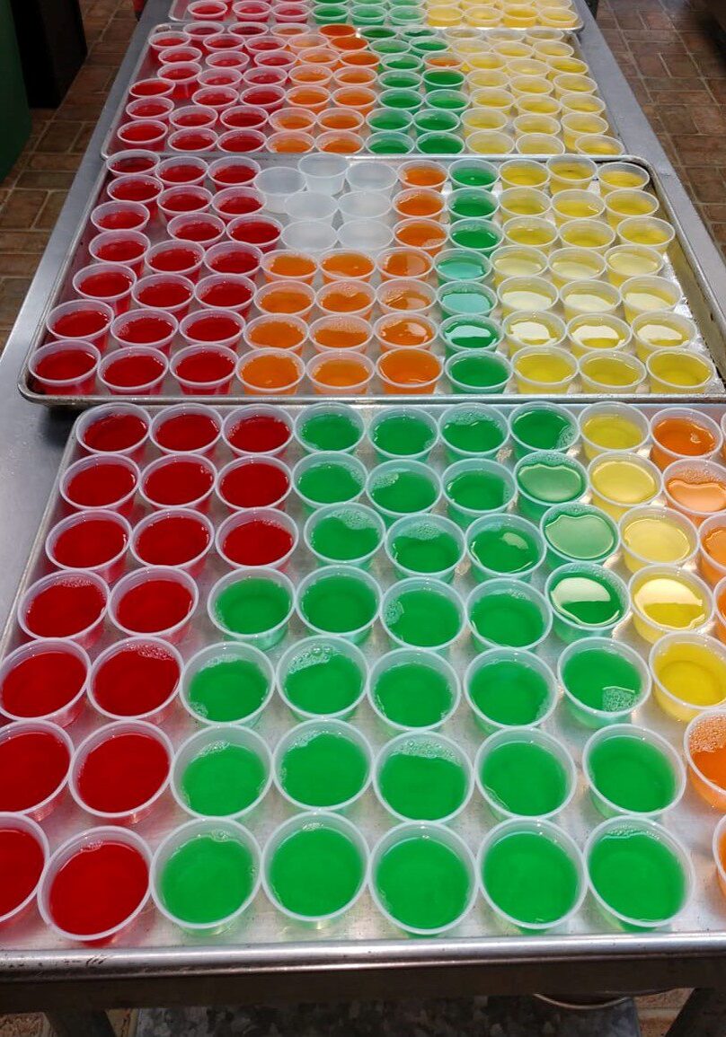 A table filled with trays of small, colorful gelatin cups arranged in rows by color—red, green, yellow, and orange—reminiscent of a cheerful setup for Rainbow Bingo West Seattle.