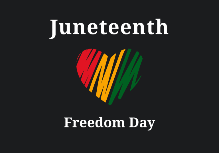 Juneteenth Freedom Day text with a heart in red, yellow, and green stripes on a black background, celebrating Juneteenth