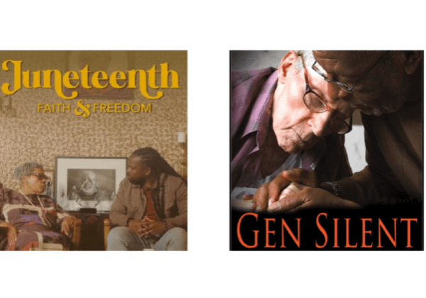 Two event posters: one for "Juneteenth: Faith & Freedom," featuring two people in conversation, and another for "Gen Silent," celebrating Pride Month with two older individuals sharing a close moment.