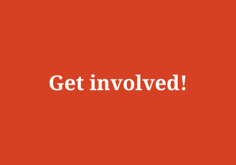 White text reading “Get involved!” centered on a solid orange background