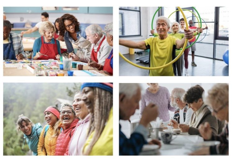 Collage of older adults celebrating National Senior Center Month: painting, exercising with hula hoops, laughing outdoors, and sharing a meal together indoors at vibrant senior centers.