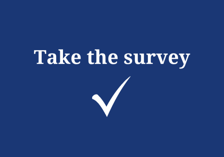 A white checkmark on a dark blue background above text that reads “Take the survey”