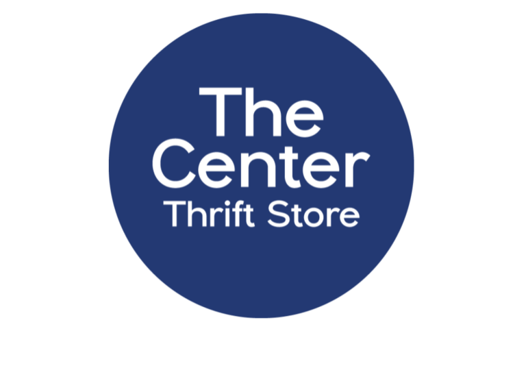 A navy blue circle with the white text “The Center Thrift Store” in the middle, displayed on a plain white background