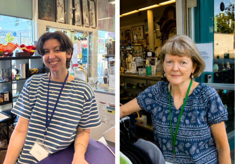 Two volunteers with name badges stand in separate thrift store settings, one smiling indoors by merchandise and the other standing outside the entrance. Trudi McLaughlin and Charlie Rotholtz both warmly represent the spirit of community service in their roles.