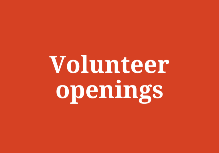 White text reading "Volunteer openings" on a solid red-orange background