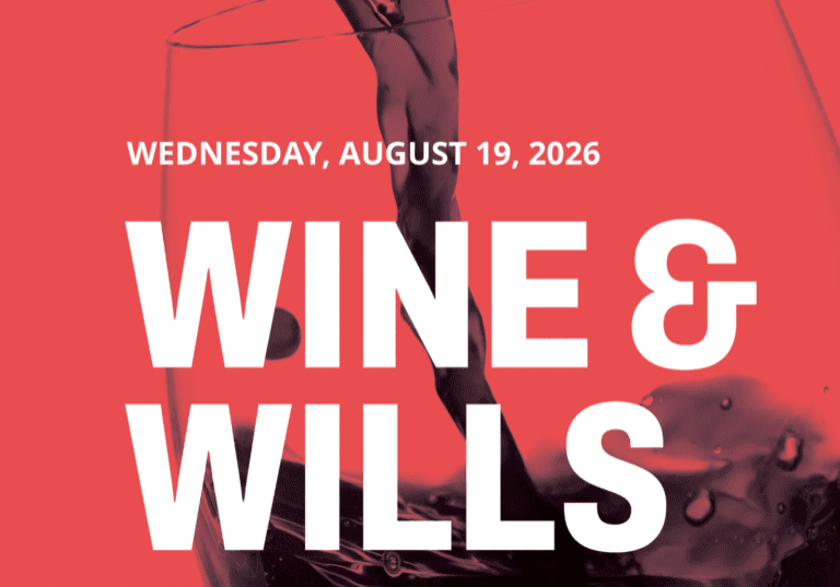 A glass of red wine being poured, set against a bold red background with event details: "Wine & Wills, Estate Planning Made Easy, Wednesday, August 19, 2026.