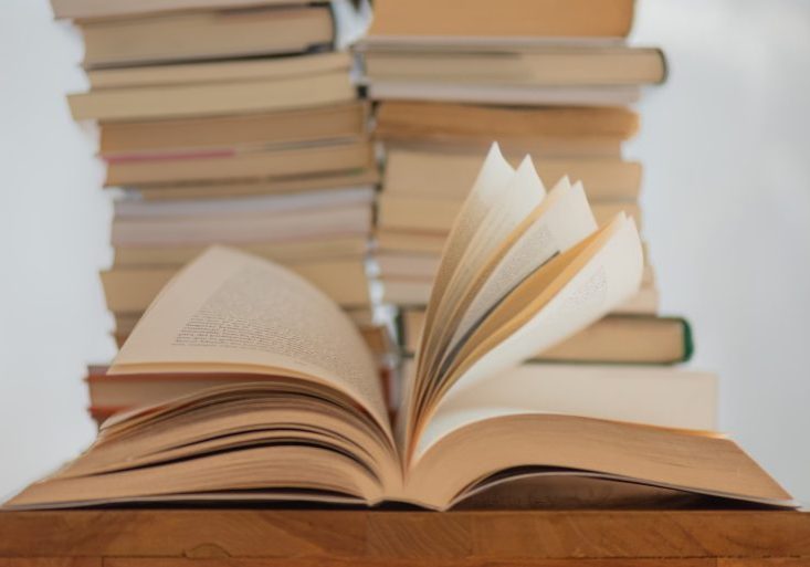 An open book with pages slightly fanned out sits on a table